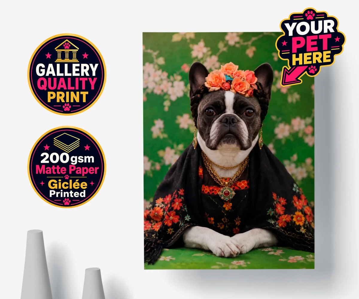 Personalised poster print of The Boho Muse dog wearing a floral shawl and crown