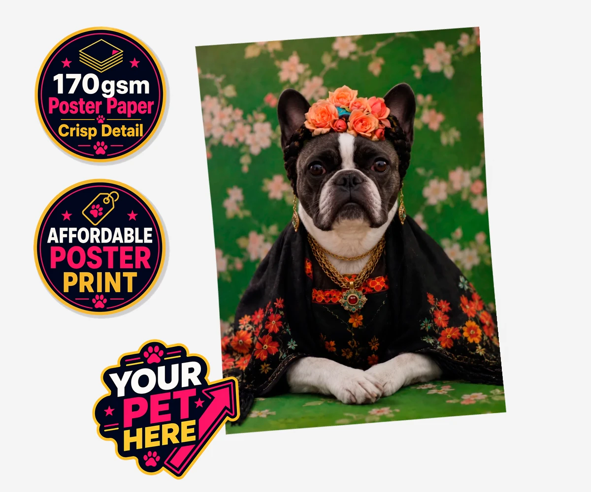 Personalised The Boho Muse dog standard poster print featuring meet The Boho Muse, a charming portrayal of your beloved pup as an art