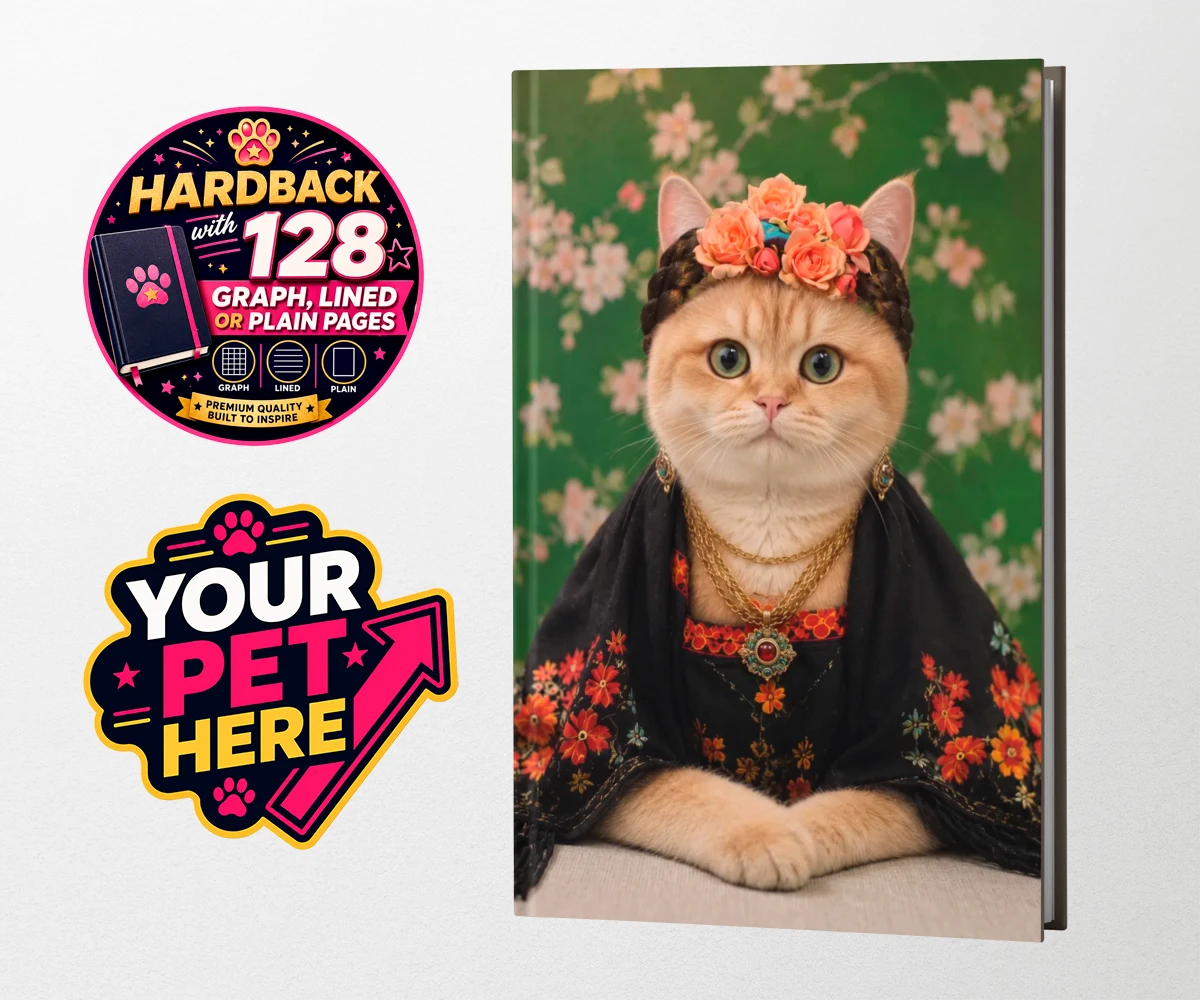 Personalised The Boho Muse cat hardback notebooks featuring meet The Boho Muse, an enchanting feline artist adorned in a stunning