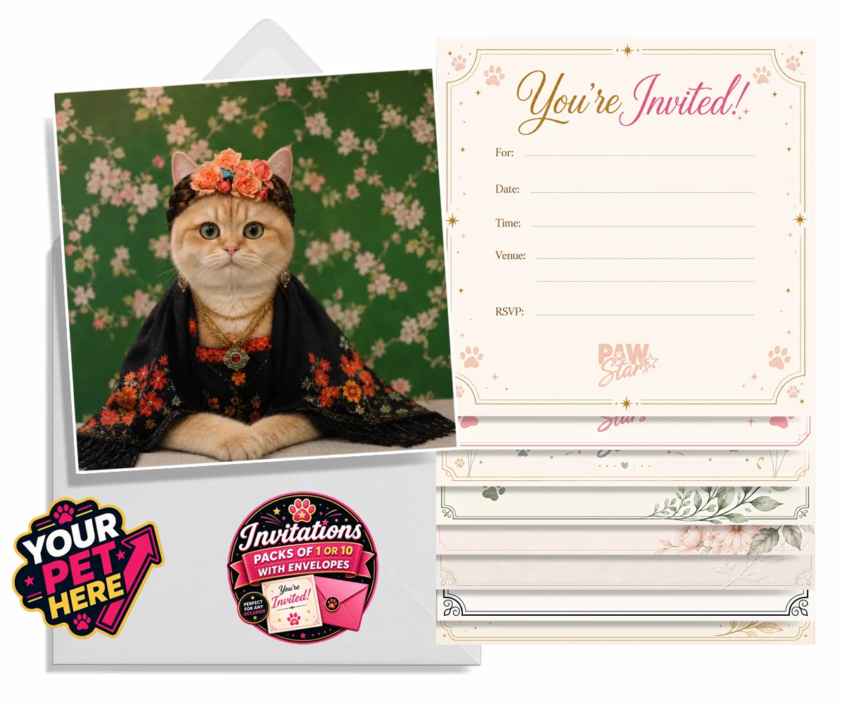 Personalised The Boho Muse cat invitations featuring meet The Boho Muse, an enchanting feline artist adorned in a stunning