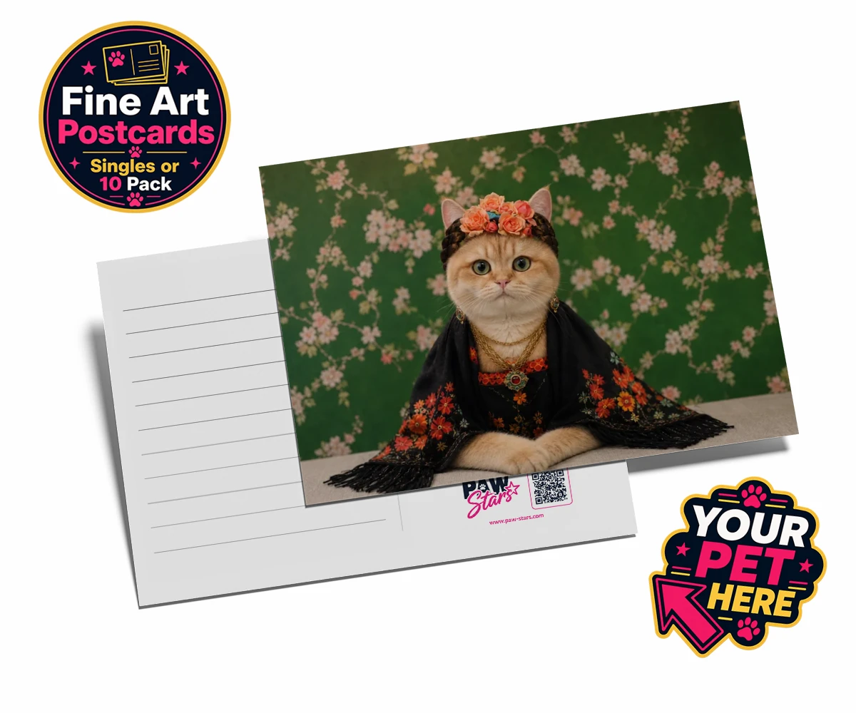 Personalised The Boho Muse cat postcards featuring meet The Boho Muse, an enchanting feline artist adorned in a stunning
