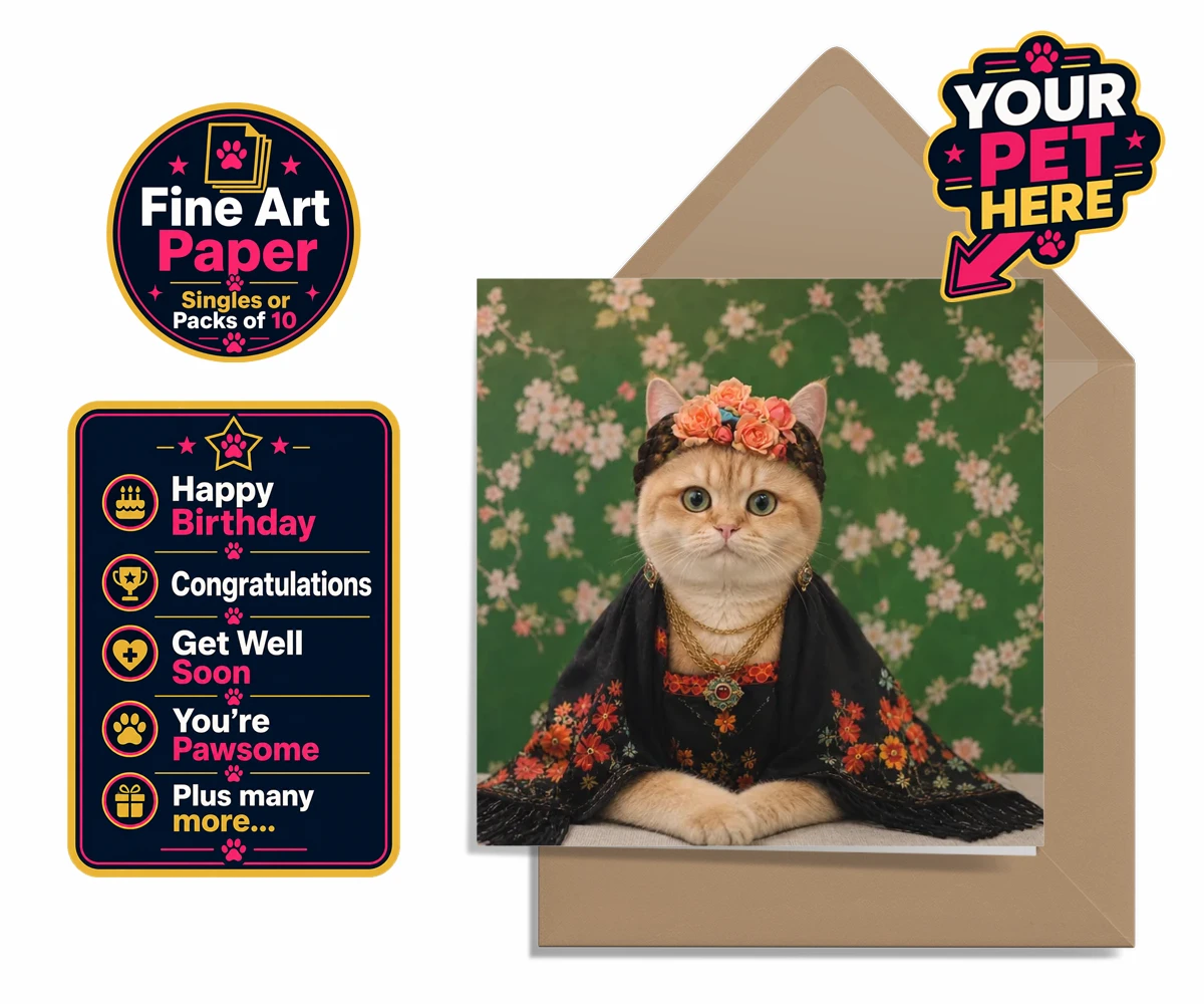Personalised The Boho Muse cat premium greetings cards featuring meet The Boho Muse, an enchanting feline artist adorned in a stunning