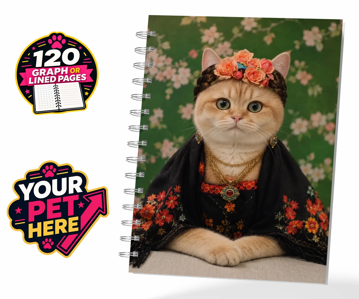 Personalised The Boho Muse cat spiral notebook featuring meet The Boho Muse, an enchanting feline artist adorned in a stunning