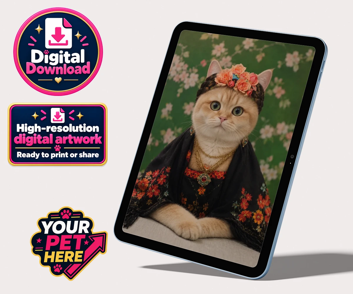 Personalised The Boho Muse cat personalised digital downloads featuring meet The Boho Muse, an enchanting feline artist adorned in a stunning