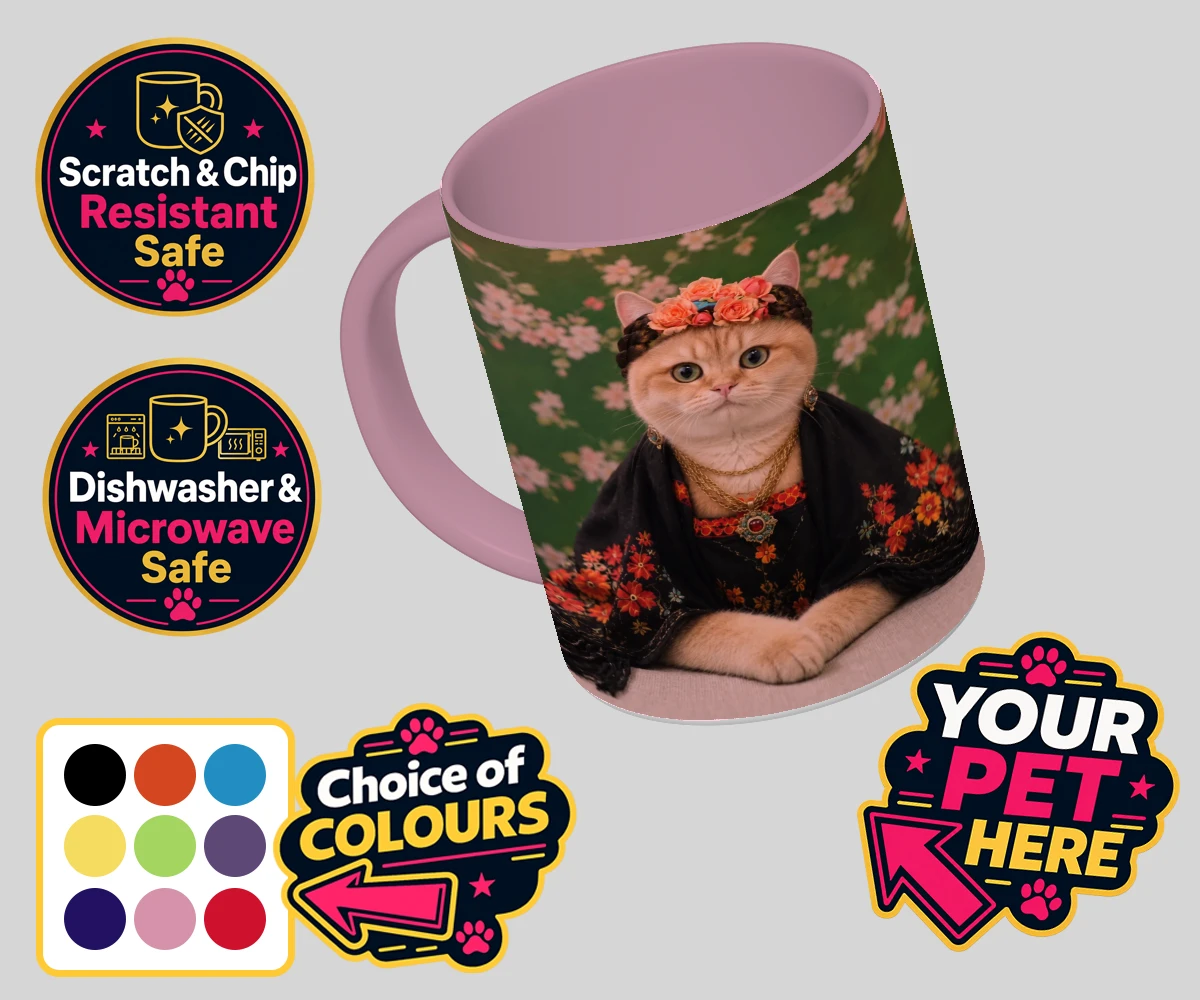 Personalised The Boho Muse cat coloured photo mugs featuring meet The Boho Muse, an enchanting feline artist adorned in a stunning