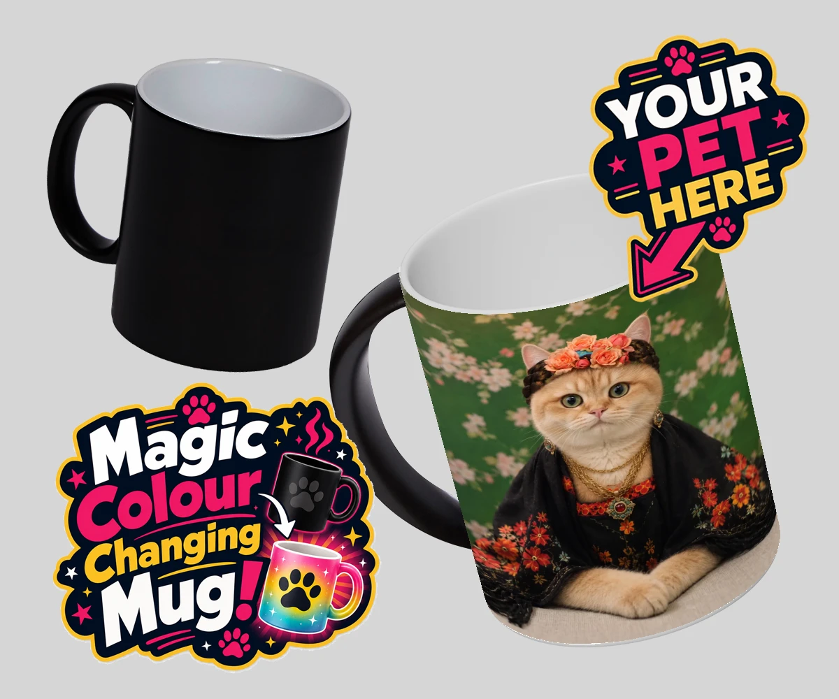 Personalised The Boho Muse cat magic photo mugs featuring meet The Boho Muse, an enchanting feline artist adorned in a stunning