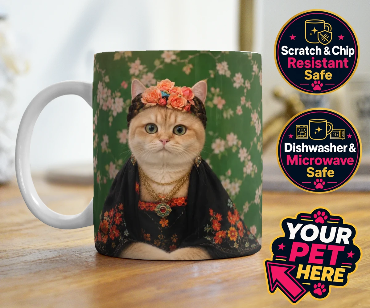 Personalised The Boho Muse cat photo mugs featuring meet The Boho Muse, an enchanting feline artist adorned in a stunning