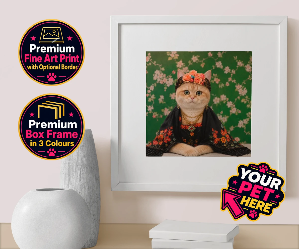 Personalised The Boho Muse cat box framed print featuring meet The Boho Muse, an enchanting feline artist adorned in a stunning
