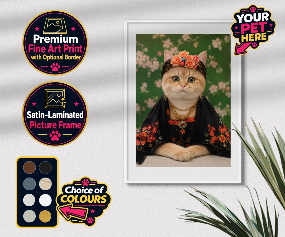 Personalised The Boho Muse cat premium framed print featuring meet The Boho Muse, an enchanting feline artist adorned in a stunning