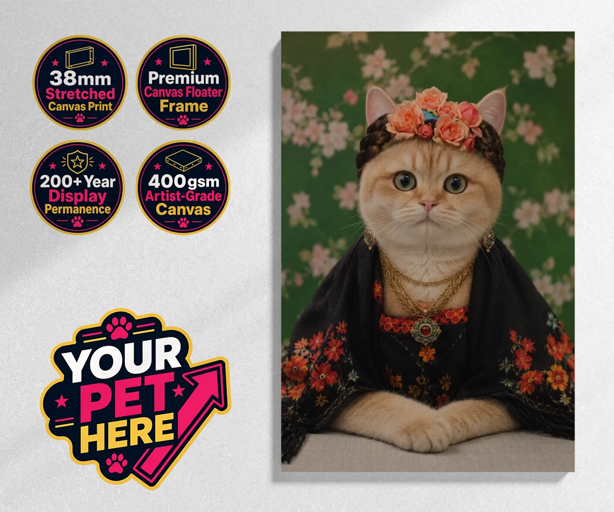 Personalised The Boho Muse cat stretched canvas print featuring meet The Boho Muse, an enchanting feline artist adorned in a stunning