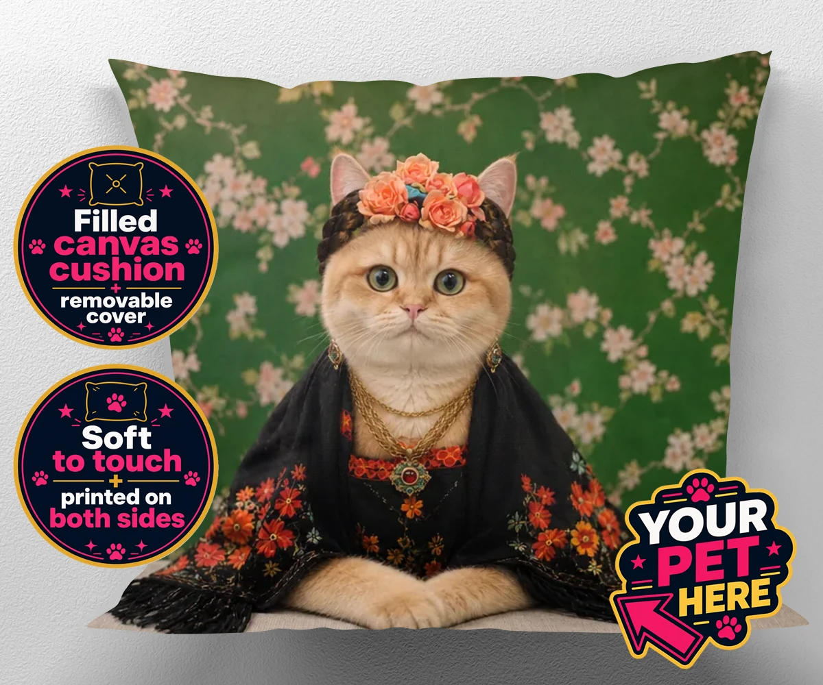 Personalised The Boho Muse cat canvas cushions featuring meet The Boho Muse, an enchanting feline artist adorned in a stunning