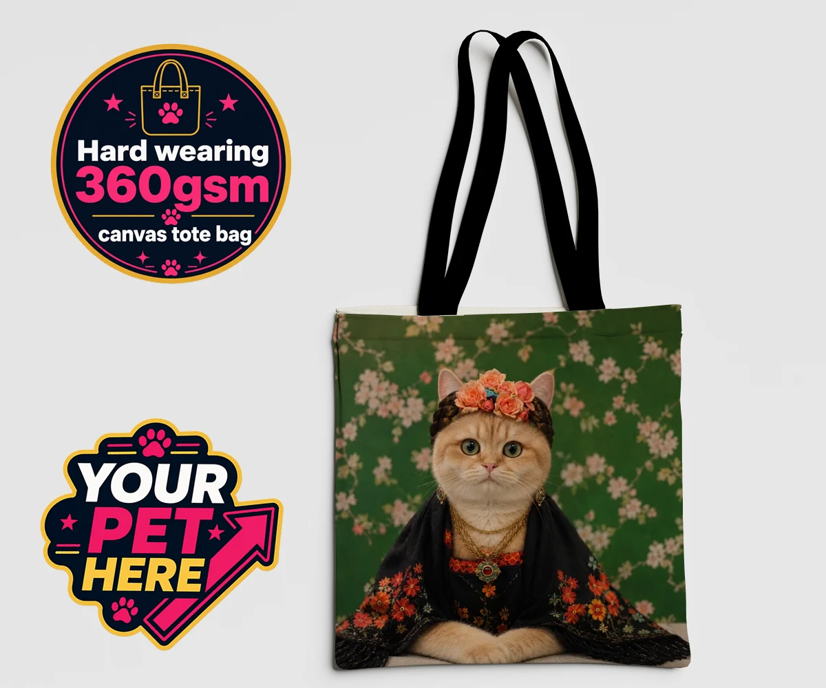 Personalised The Boho Muse cat canvas tote bags featuring meet The Boho Muse, an enchanting feline artist adorned in a stunning