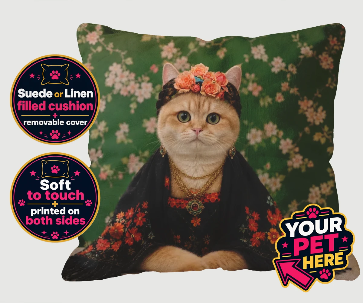 Personalised The Boho Muse cat cushions featuring meet The Boho Muse, an enchanting feline artist adorned in a stunning