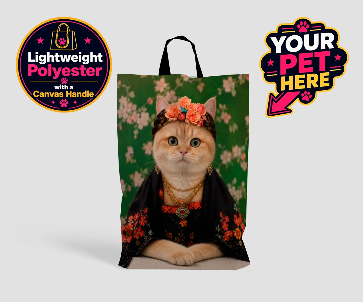 Personalised The Boho Muse cat shopping bags featuring meet The Boho Muse, an enchanting feline artist adorned in a stunning
