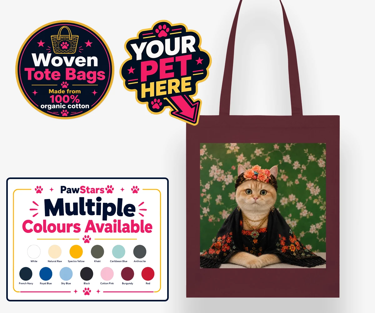 Personalised The Boho Muse cat woven tote bags featuring meet The Boho Muse, an enchanting feline artist adorned in a stunning