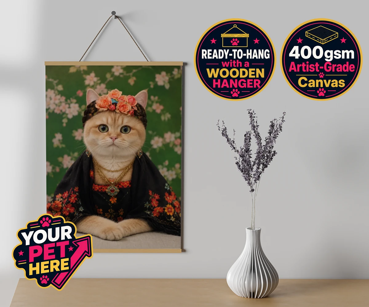 Personalised The Boho Muse cat canvas poster prints with hanger featuring meet The Boho Muse, an enchanting feline artist adorned in a stunning