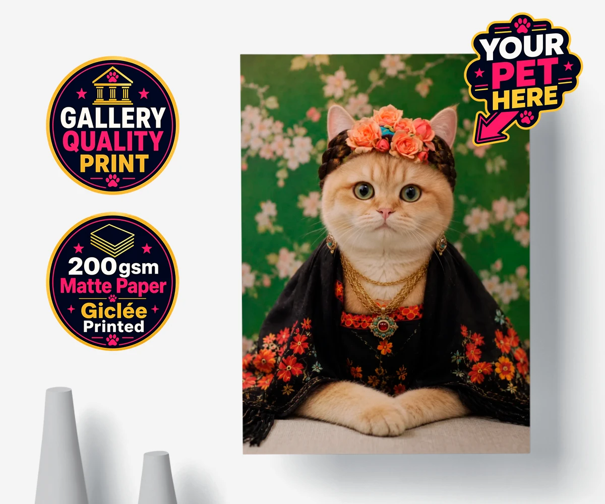 Personalised poster print of The Boho Muse cat, featuring a floral costume and lush green background.
