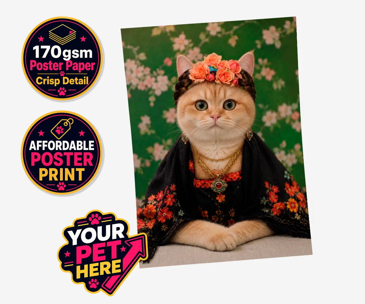Personalised The Boho Muse cat standard poster print featuring meet The Boho Muse, an enchanting feline artist adorned in a stunning