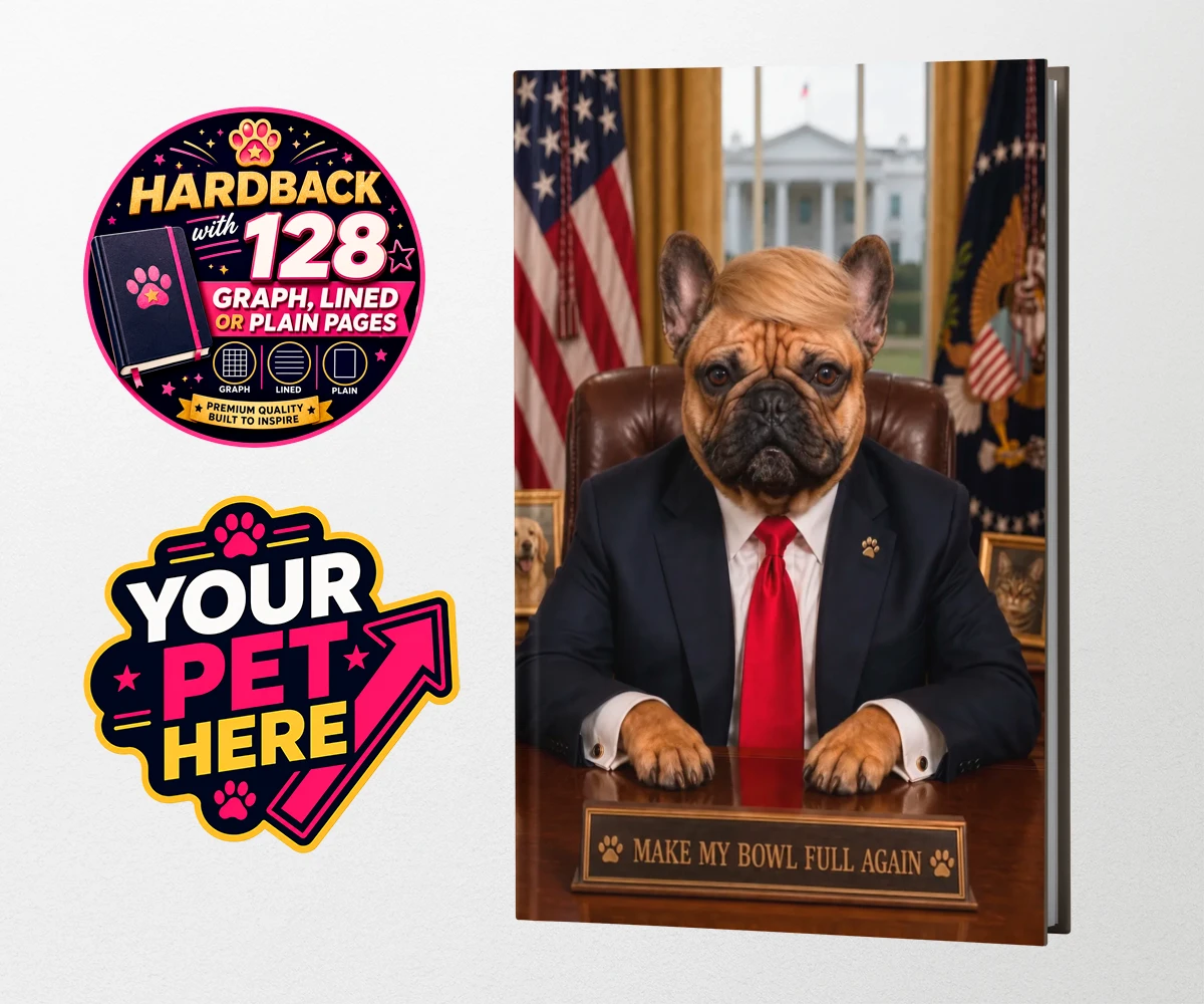 Personalised PAWTUS dog hardback notebooks featuring the charismatic canine whose paw-some presence brings a touch of whims