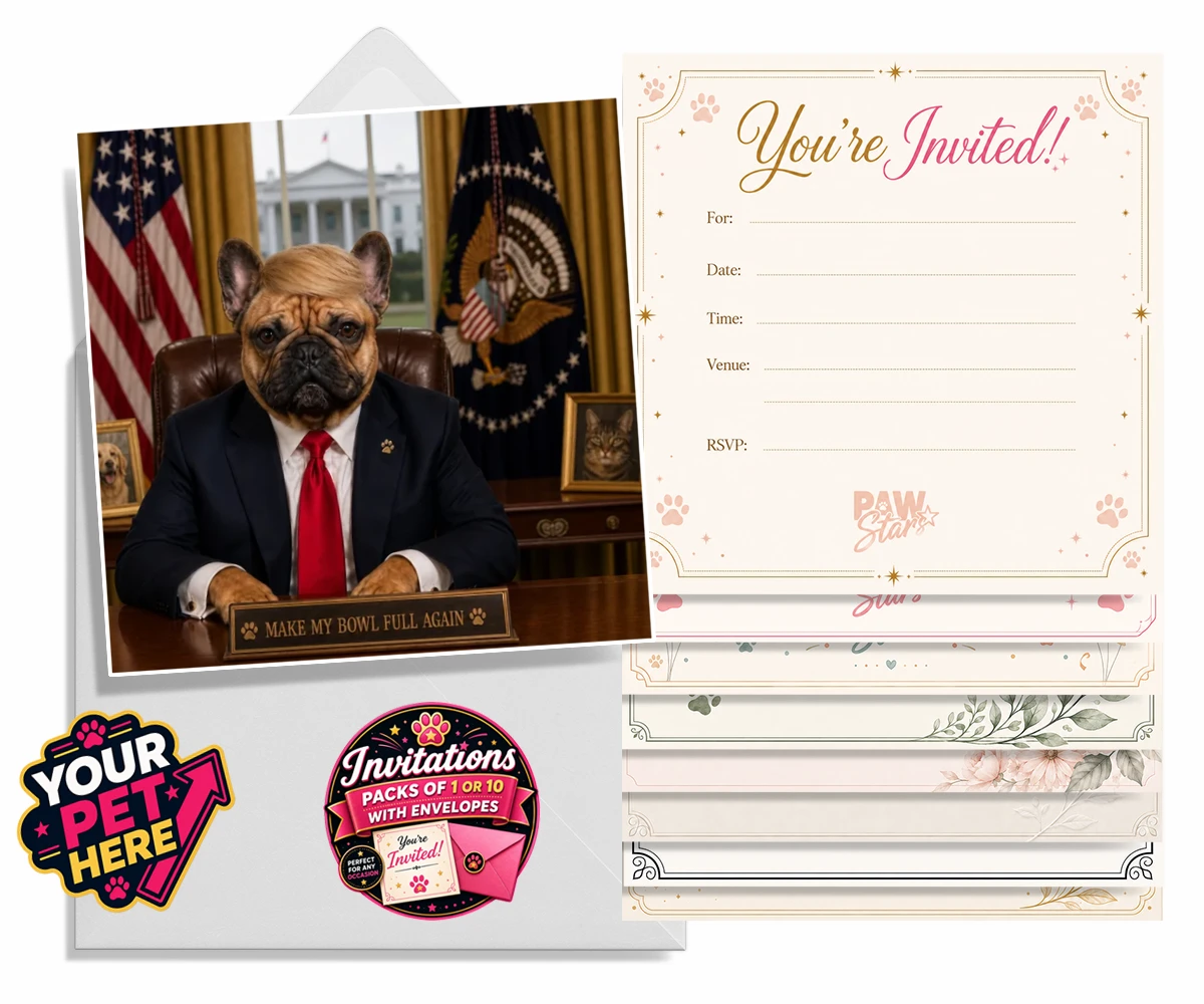 Personalised PAWTUS dog invitations featuring the charismatic canine whose paw-some presence brings a touch of whims