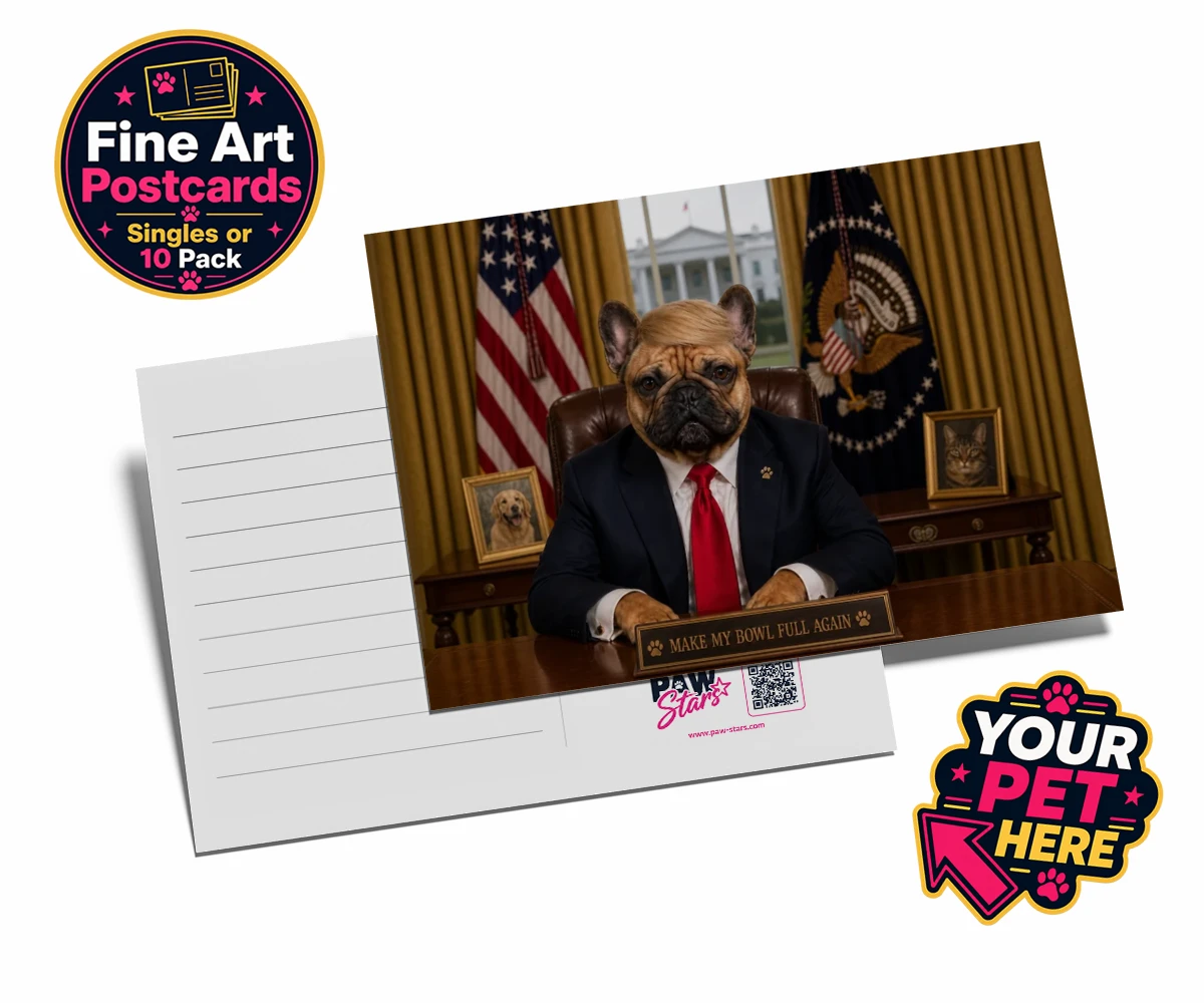 Personalised PAWTUS dog postcards featuring the charismatic canine whose paw-some presence brings a touch of whims