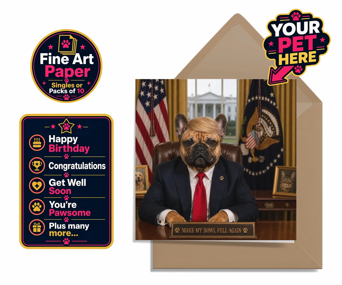 Personalised PAWTUS dog premium greetings cards featuring the charismatic canine whose paw-some presence brings a touch of whims