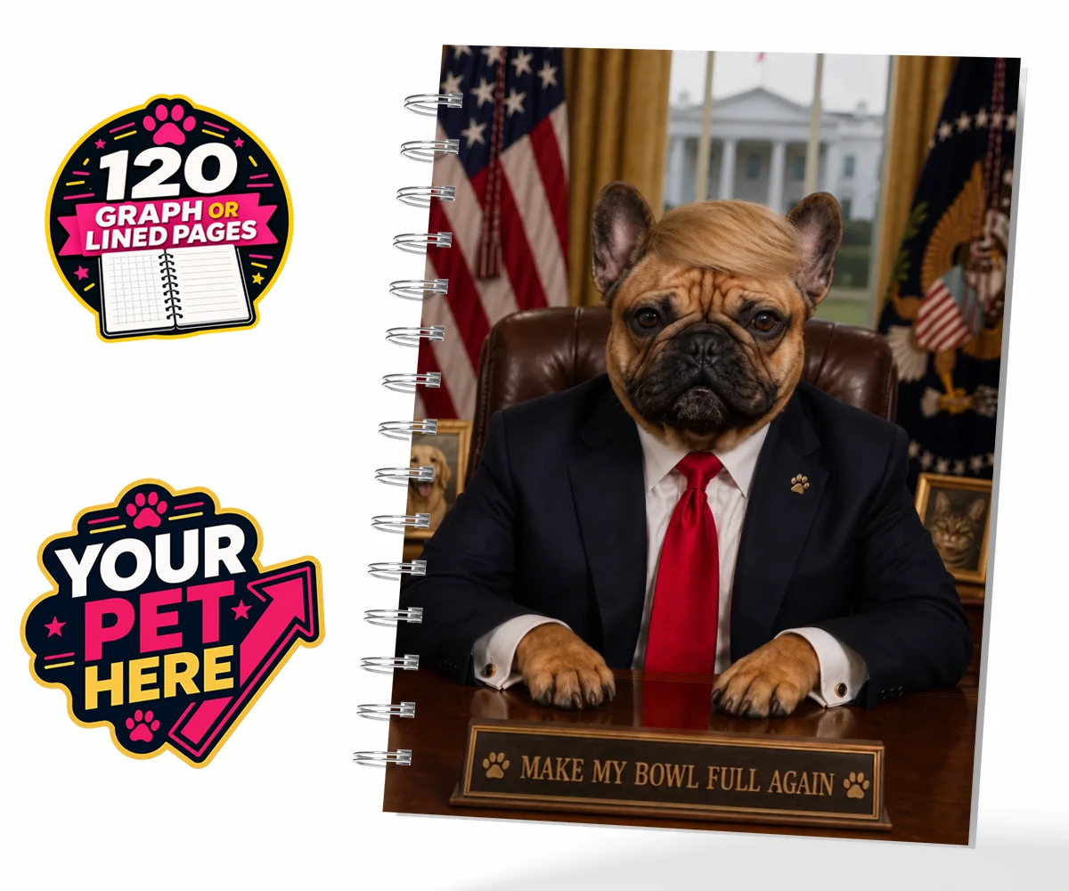 Personalised PAWTUS dog spiral notebook featuring the charismatic canine whose paw-some presence brings a touch of whims