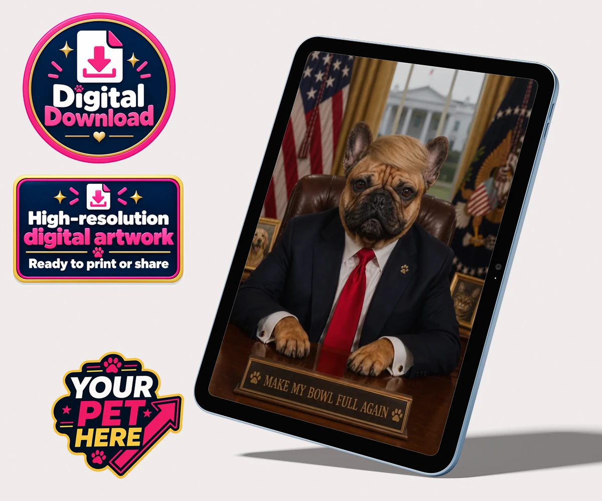 Personalised digital portrait of Pawtus, the dog in a smart suit with a whimsical slogan, set against an elegant office background.