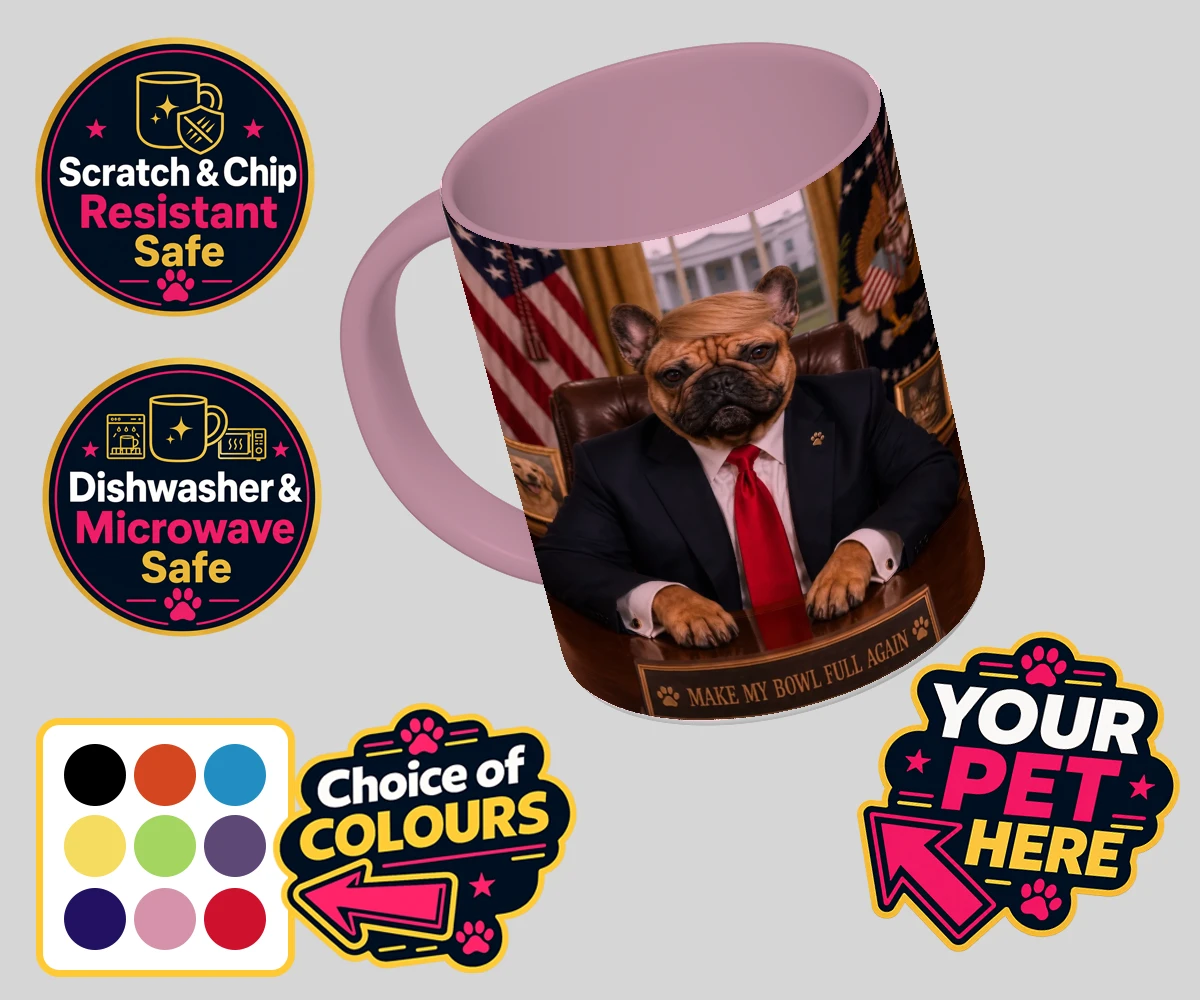 Personalised PAWTUS dog coloured photo mugs featuring the charismatic canine whose paw-some presence brings a touch of whims
