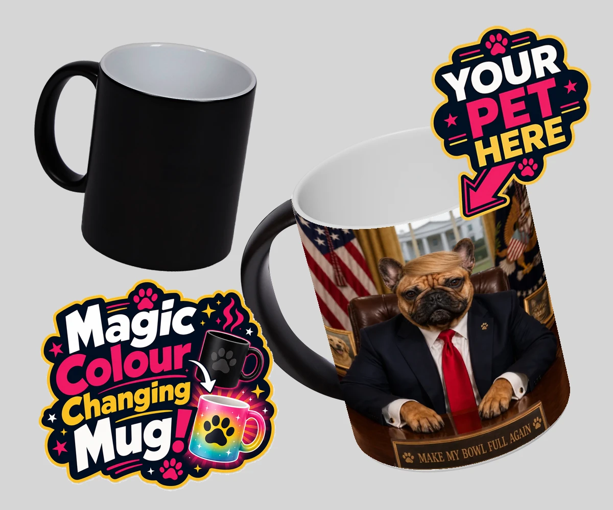 Personalised PAWTUS dog magic photo mugs featuring the charismatic canine whose paw-some presence brings a touch of whims