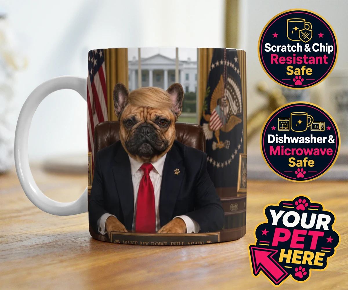 Personalised PAWTUS dog photo mugs featuring the charismatic canine whose paw-some presence brings a touch of whims