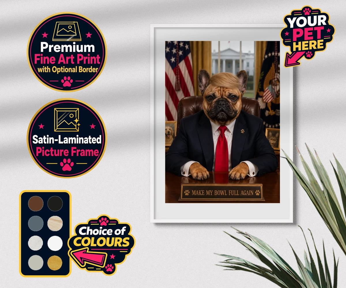 Personalised PAWTUS dog premium framed print featuring the charismatic canine whose paw-some presence brings a touch of whims