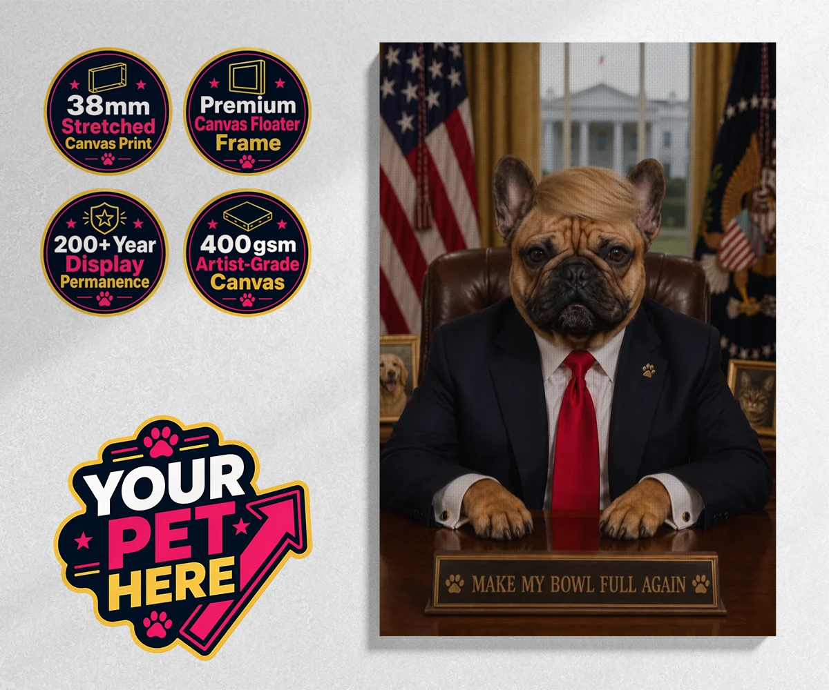 Personalised PAWTUS dog stretched canvas print featuring the charismatic canine whose paw-some presence brings a touch of whims