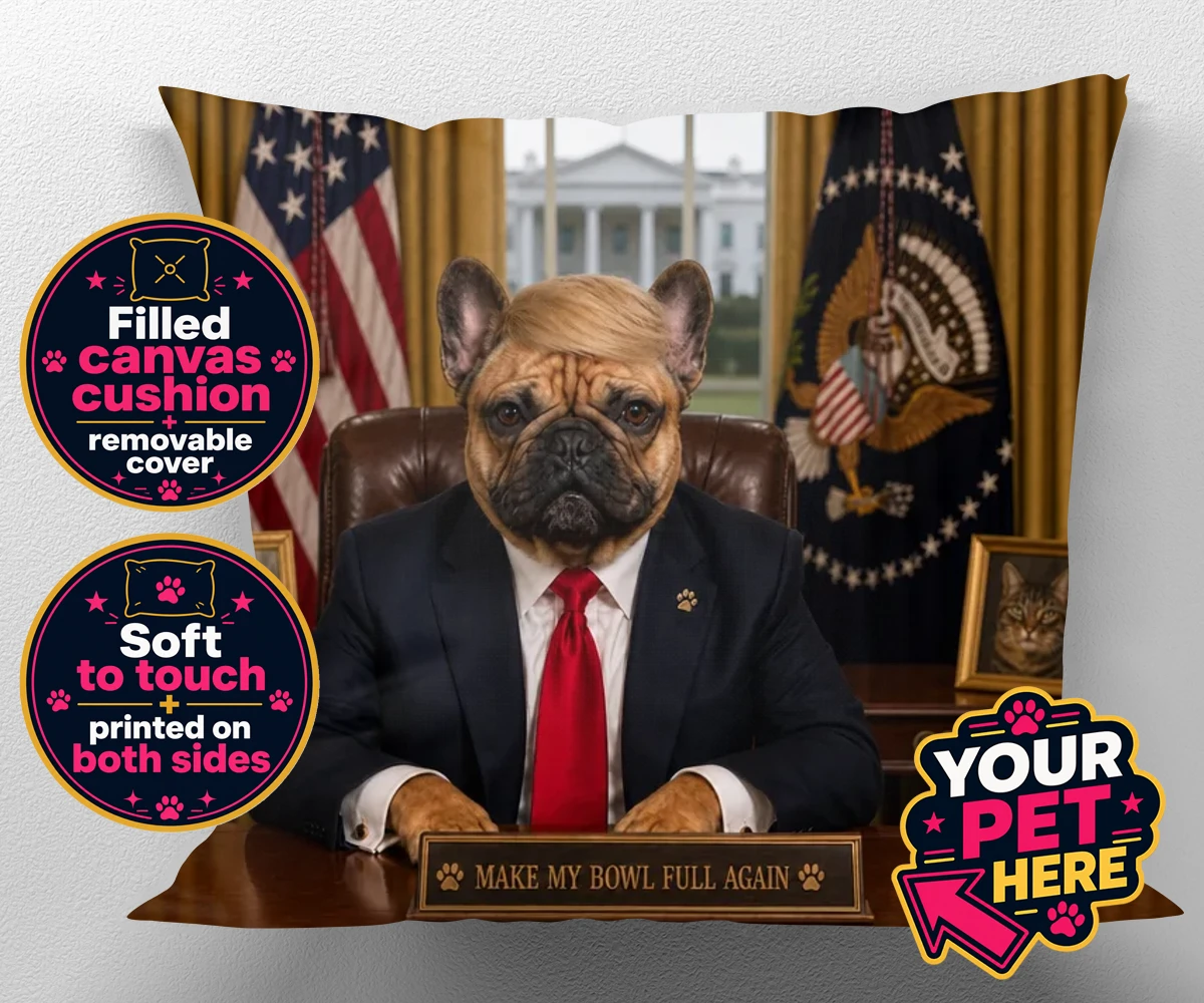 Personalised PAWTUS dog canvas cushions featuring the charismatic canine whose paw-some presence brings a touch of whims
