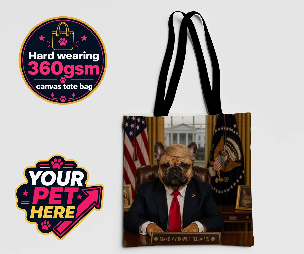 Personalised PAWTUS dog canvas tote bags featuring the charismatic canine whose paw-some presence brings a touch of whims