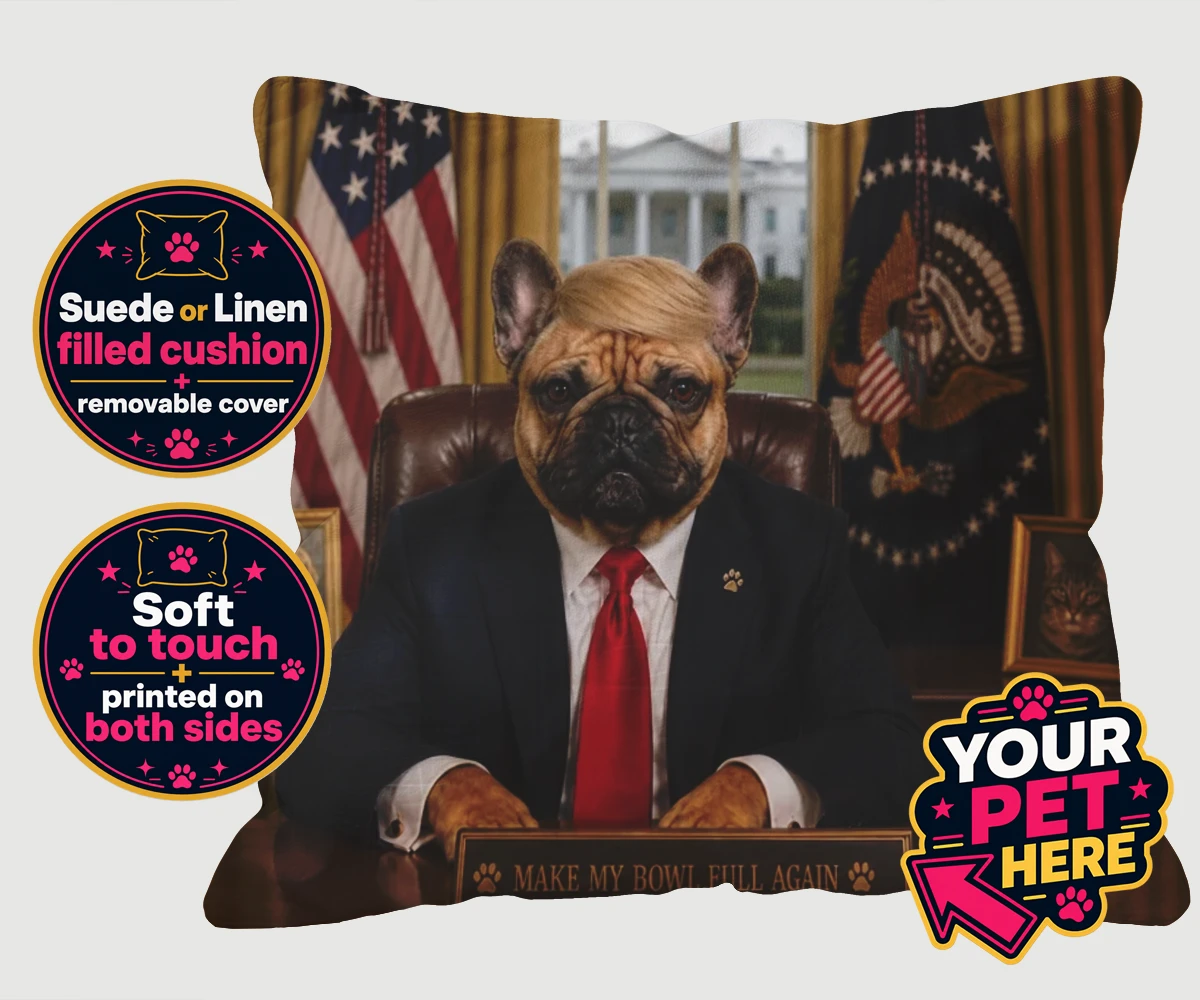 Personalised PAWTUS dog cushions featuring the charismatic canine whose paw-some presence brings a touch of whims