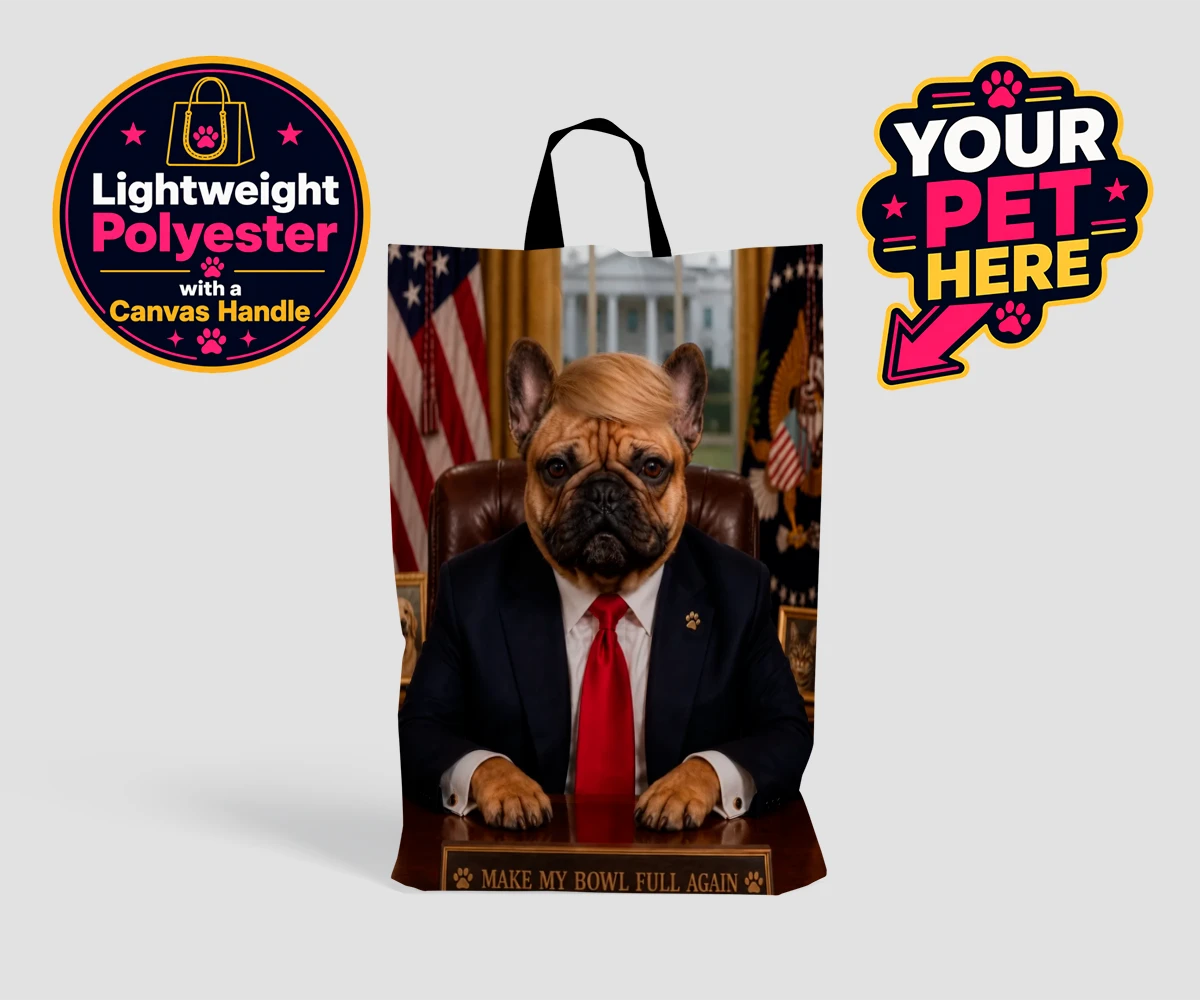 Personalised PAWTUS dog shopping bags featuring the charismatic canine whose paw-some presence brings a touch of whims