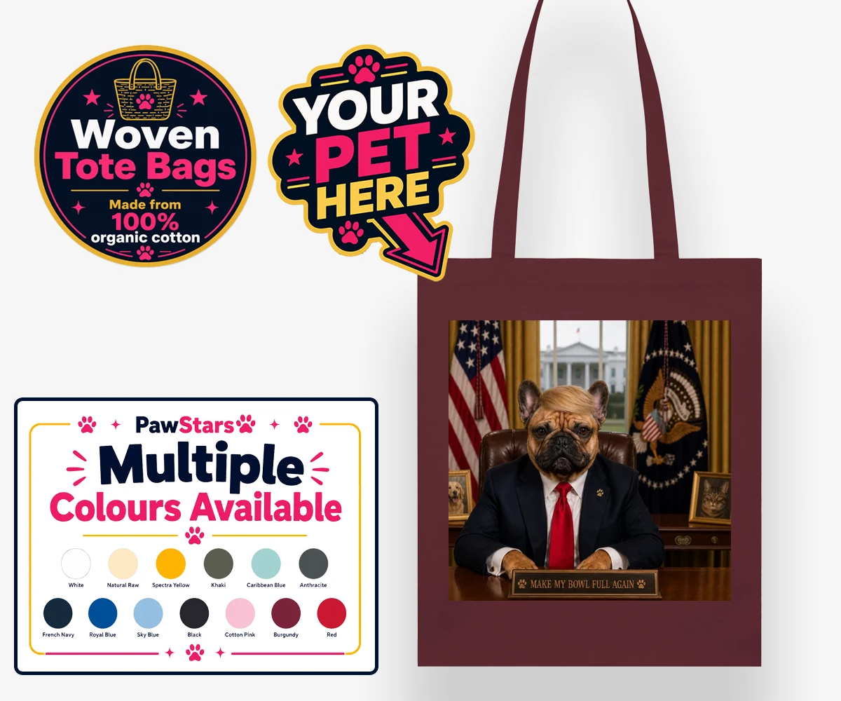 Personalised PAWTUS dog woven tote bags featuring the charismatic canine whose paw-some presence brings a touch of whims