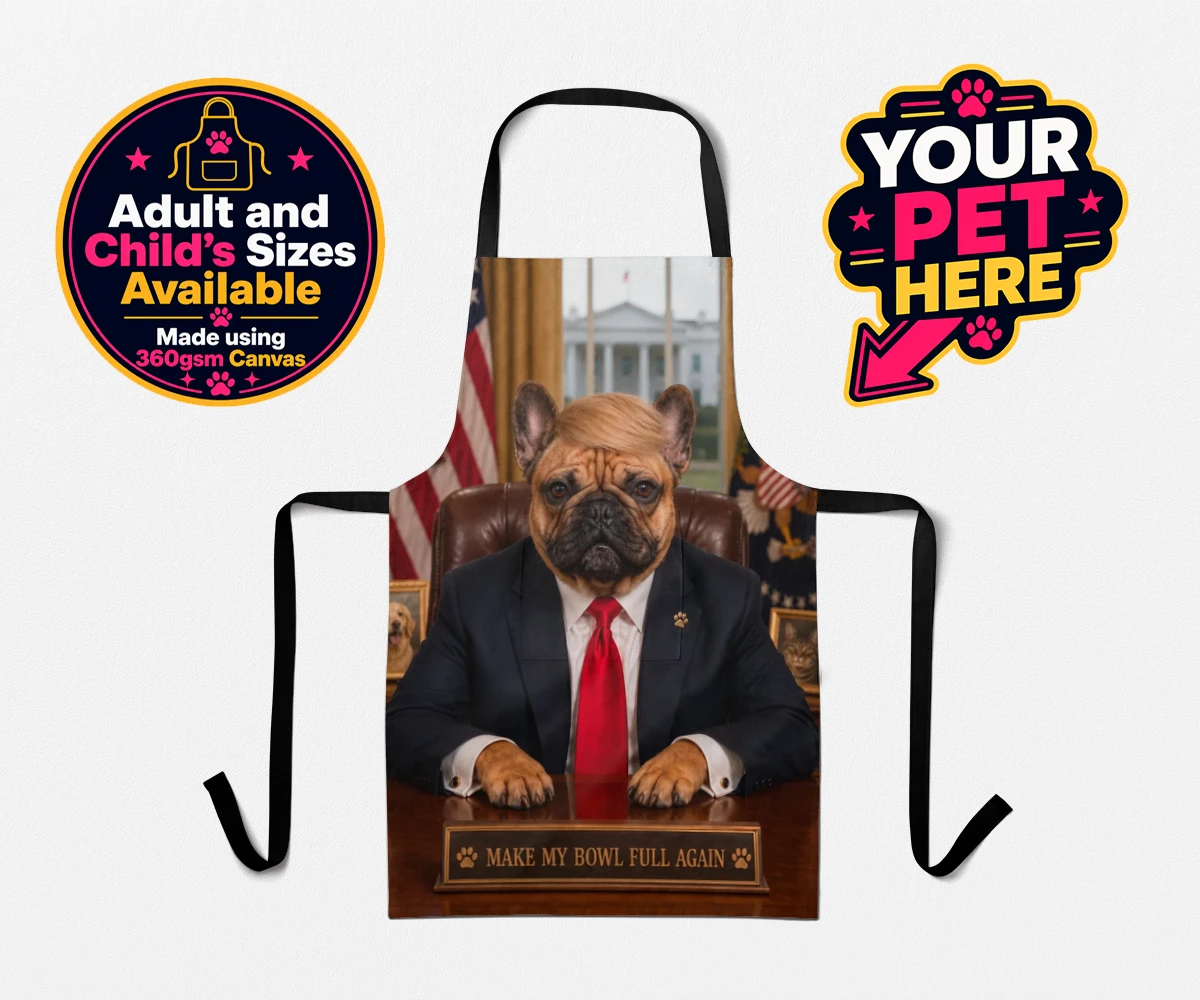 Personalised PAWTUS dog aprons featuring the charismatic canine whose paw-some presence brings a touch of whims