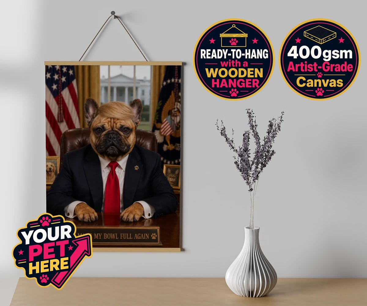 Personalised PAWTUS dog canvas poster prints with hanger featuring the charismatic canine whose paw-some presence brings a touch of whims