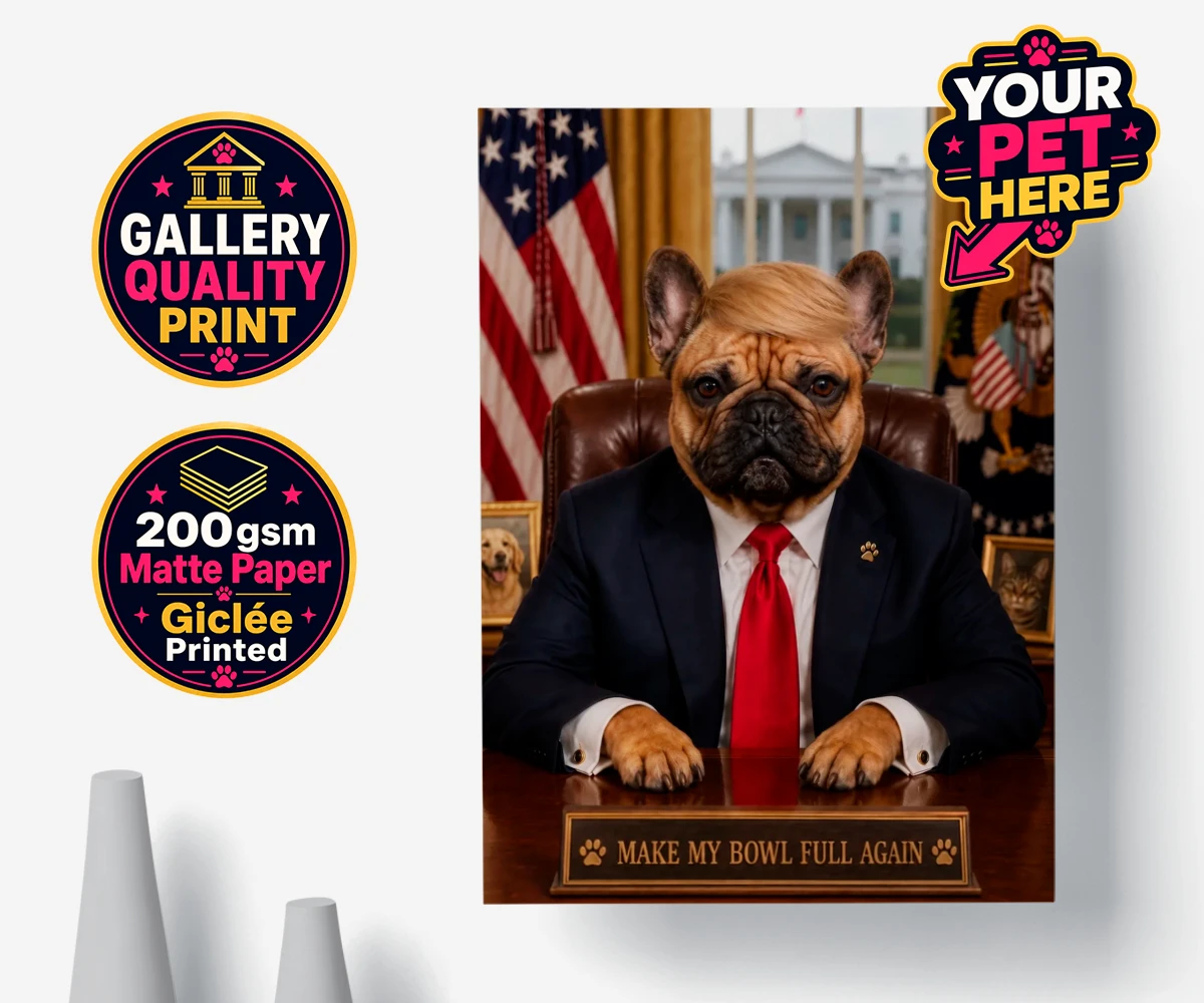 Personalised Pawtus dog poster print featuring Pawtus in a smart suit with the slogan 'Make My Bowl Full Again' in an elegant office setting