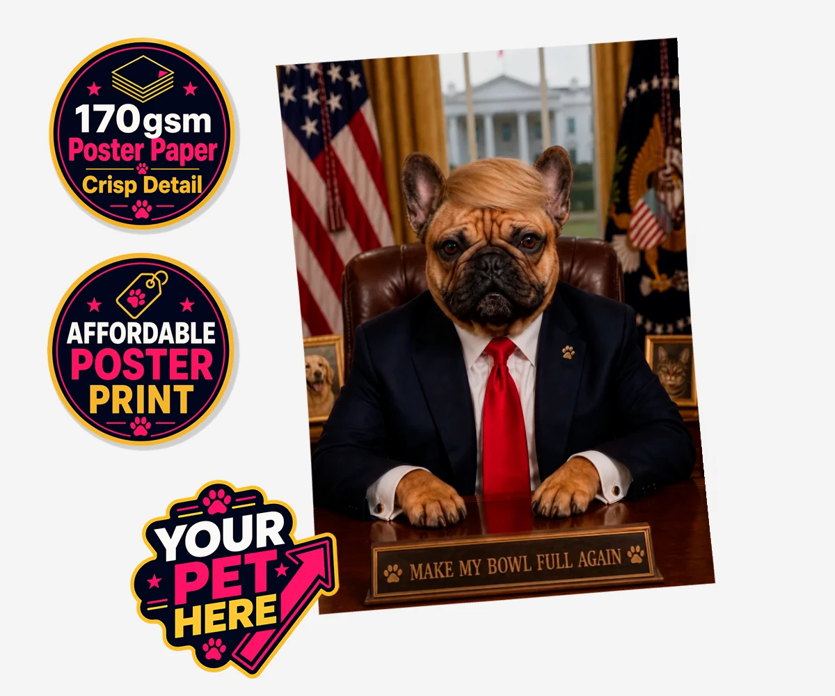 Personalised PAWTUS dog standard poster print featuring the charismatic canine whose paw-some presence brings a touch of whims