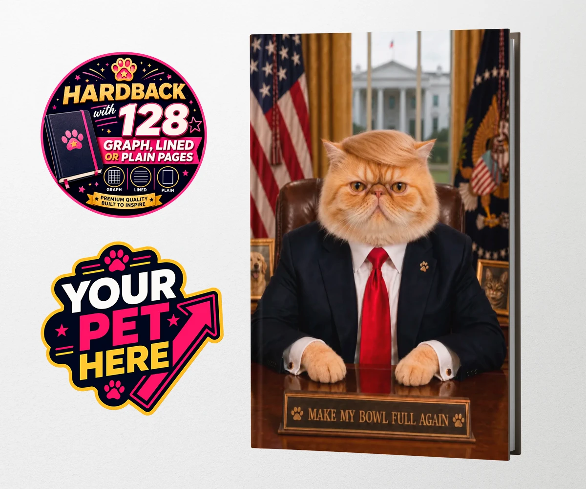 Personalised PAWTUS cat hardback notebooks featuring the charismatic cat who’s ready to take charge!