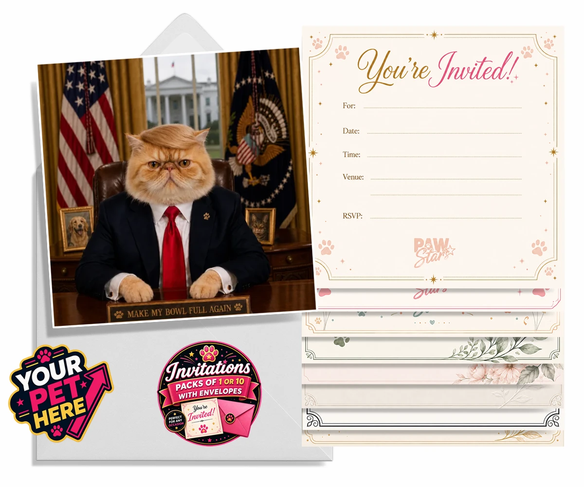 Personalised PAWTUS cat invitations featuring the charismatic cat who’s ready to take charge!