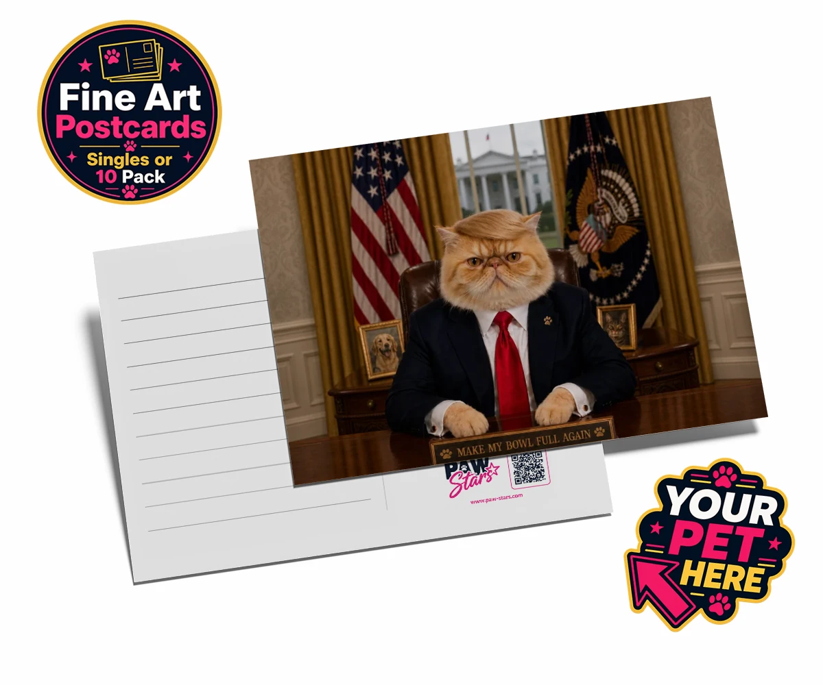 Personalised PAWTUS cat postcards featuring the charismatic cat who’s ready to take charge!