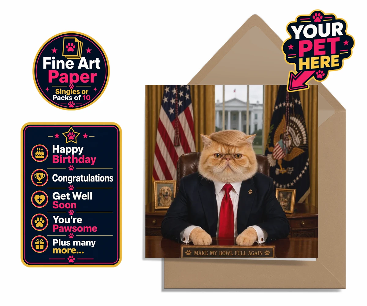Personalised PAWTUS cat premium greetings cards featuring the charismatic cat who’s ready to take charge!