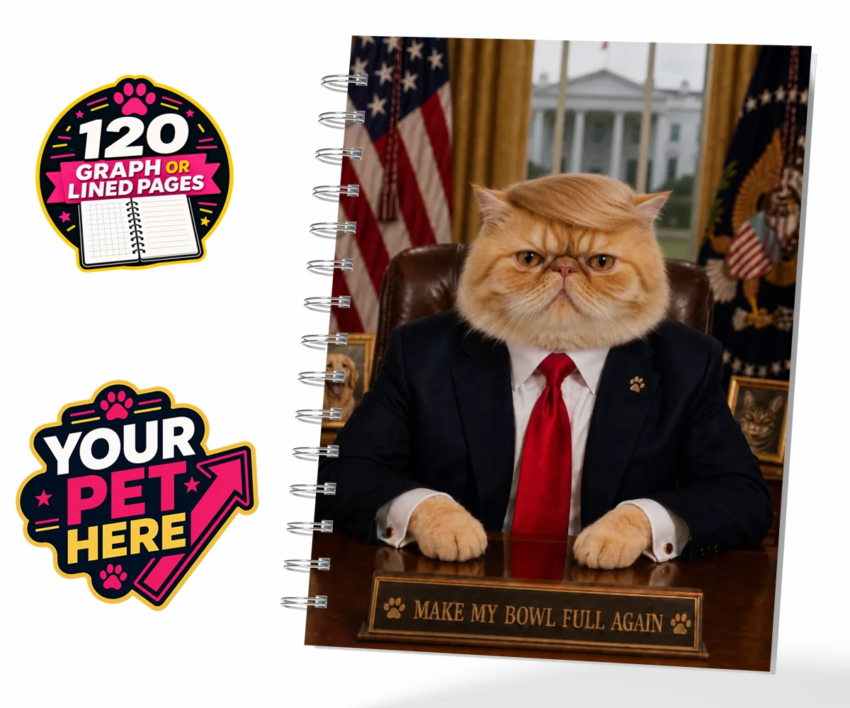 Personalised PAWTUS cat spiral notebook featuring the charismatic cat who’s ready to take charge!