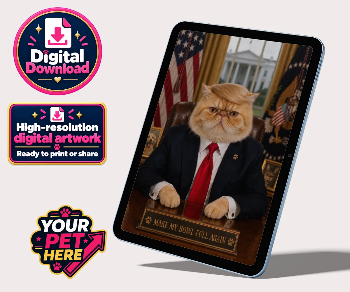 Personalised digital download of Pawtus the cat in a tailored suit with a vibrant tie in an office setting