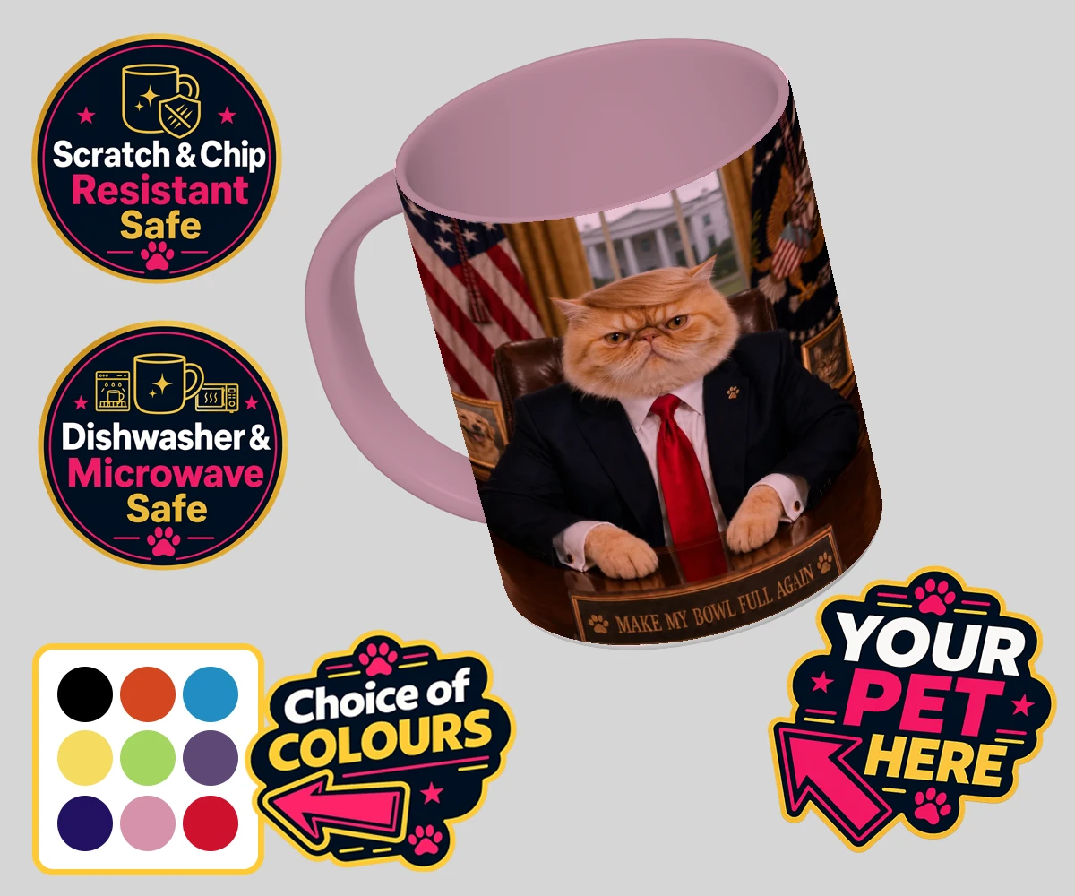 Personalised PAWTUS cat coloured photo mugs featuring the charismatic cat who’s ready to take charge!
