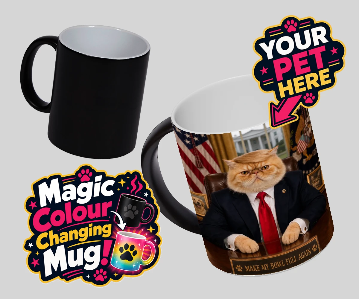 Personalised PAWTUS cat magic photo mugs featuring the charismatic cat who’s ready to take charge!